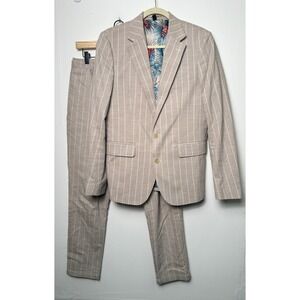 Gianni Feraud Mens Beige Stripe Plaid 2 Piece Suit US 40 Slim Fit Tropical ASOS